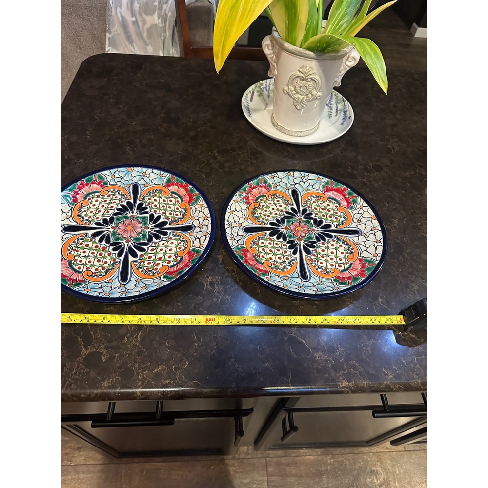Talavera Mexican Pottery Dinner Plates Set of 2 Hand Painted Floral 10 Inch
